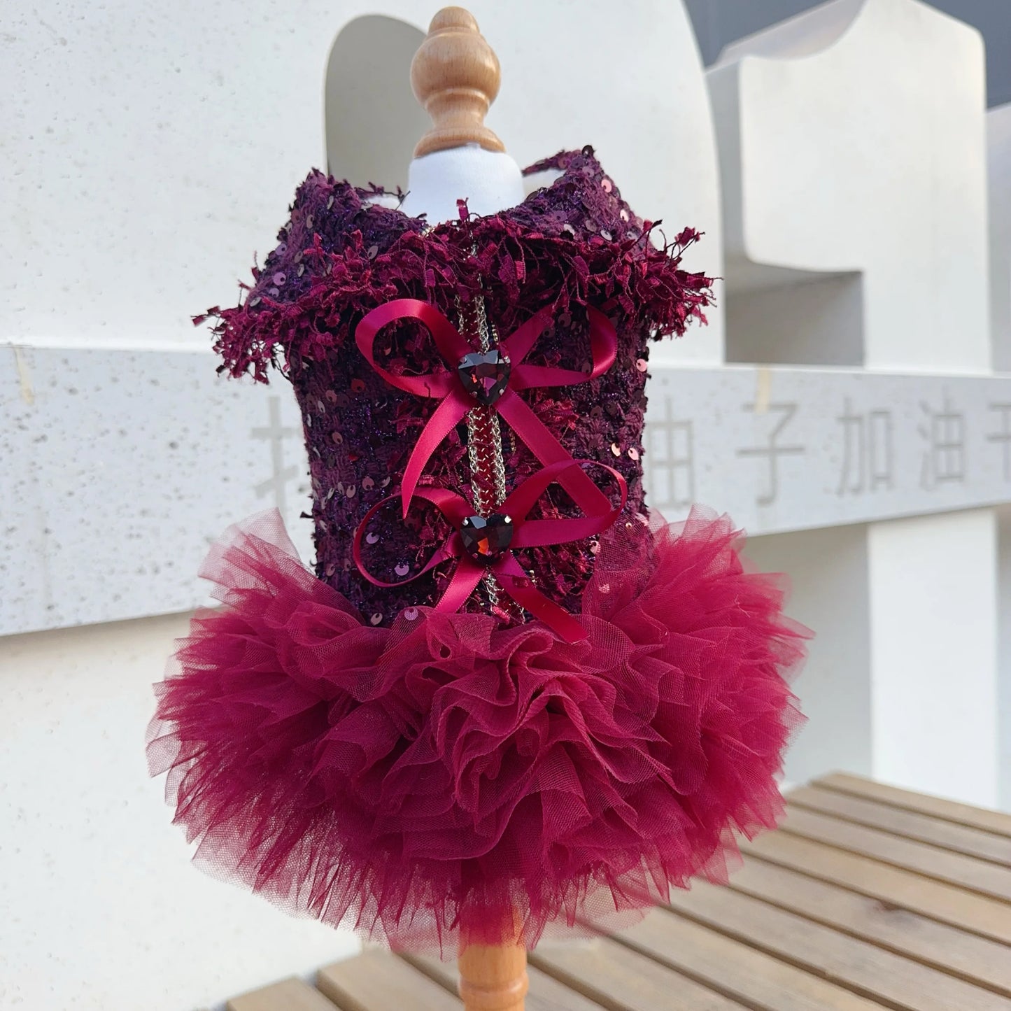 Luxury Wine Red Tutu Dress - Crystal Bow & Lace Gown for Small to Medium Dogs