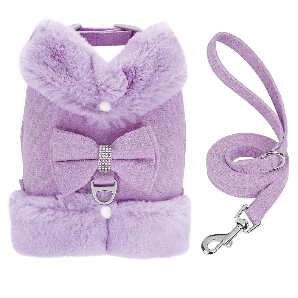 Luxury Fur-Lined Harness & Leash Set with Bowknot - Premium Winter Vest for Small Dogs & Cats