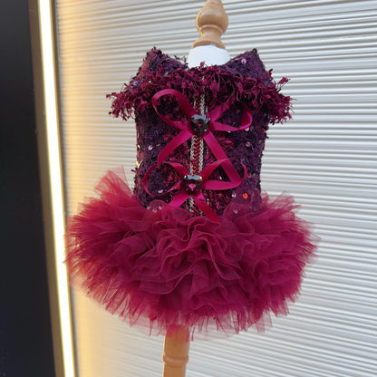 Luxury Wine Red Tutu Dress - Crystal Bow & Lace Gown for Small to Medium Dogs