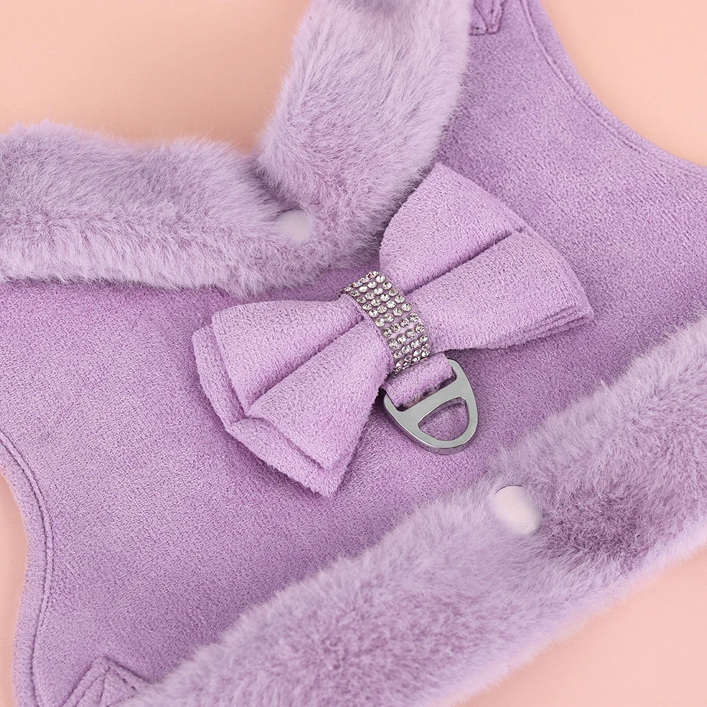 Luxury Fur-Lined Harness & Leash Set with Bowknot - Premium Winter Vest for Small Dogs & Cats