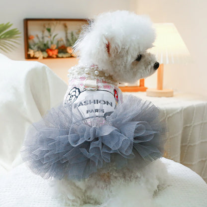 Luxury Pink Plaid Princess Dress - Pearl Tulle Skirt with Integrated Harness for Dogs & Cats