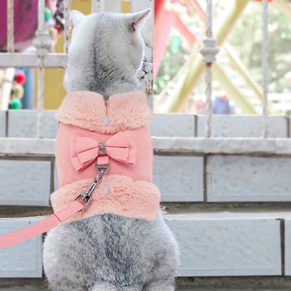 Luxury Fur-Lined Harness & Leash Set with Bowknot - Premium Winter Vest for Small Dogs & Cats