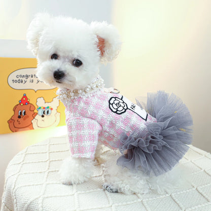 Luxury Pink Plaid Princess Dress - Pearl Tulle Skirt with Integrated Harness for Dogs & Cats