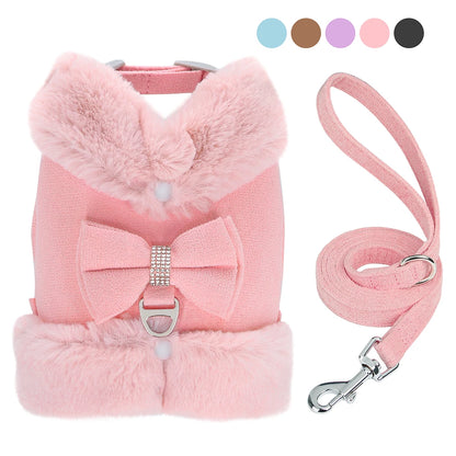 Luxury Fur-Lined Harness & Leash Set with Bowknot - Premium Winter Vest for Small Dogs & Cats