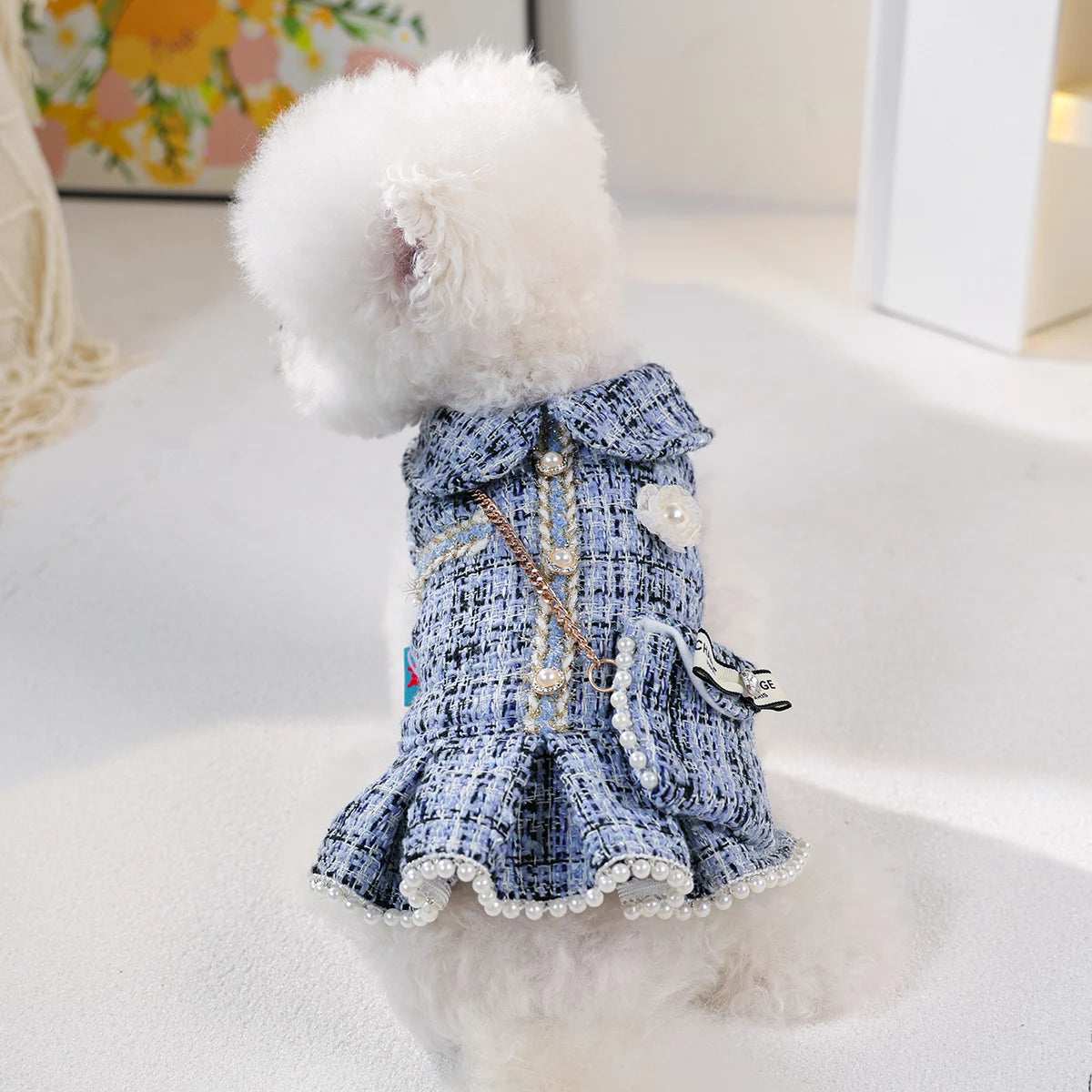 Adorable Blue Dress with Mini Backpack - Warm Winter Outfit for Small Dogs & Cats