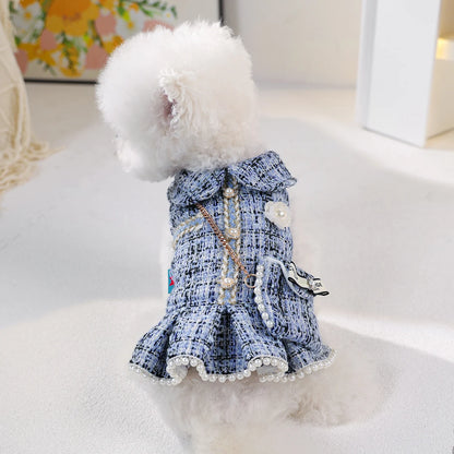 Adorable Blue Dress with Mini Backpack - Warm Winter Outfit for Small Dogs & Cats