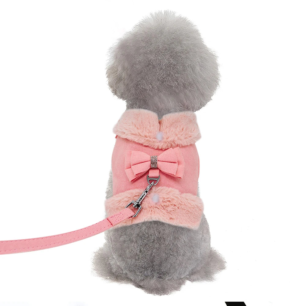 Luxury Fur-Lined Harness & Leash Set with Bowknot - Premium Winter Vest for Small Dogs & Cats