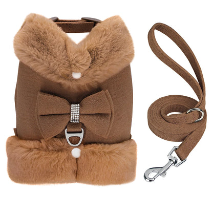 Luxury Fur-Lined Harness & Leash Set with Bowknot - Premium Winter Vest for Small Dogs & Cats