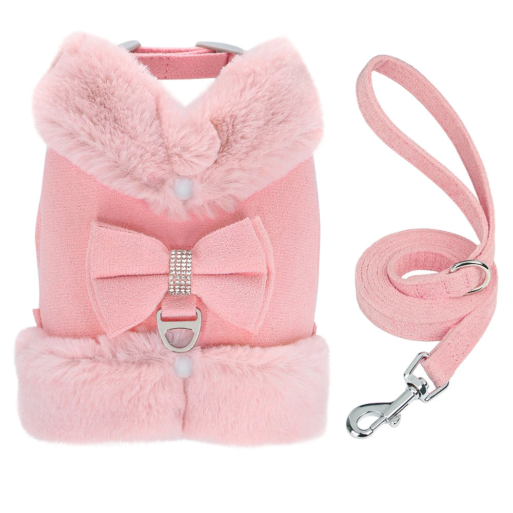 Luxury Fur-Lined Harness & Leash Set with Bowknot - Premium Winter Vest for Small Dogs & Cats