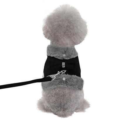 Luxury Fur-Lined Harness & Leash Set with Bowknot - Premium Winter Vest for Small Dogs & Cats