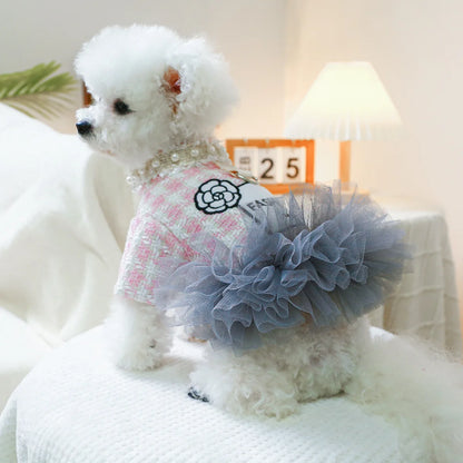 Luxury Pink Plaid Princess Dress - Pearl Tulle Skirt with Integrated Harness for Dogs & Cats