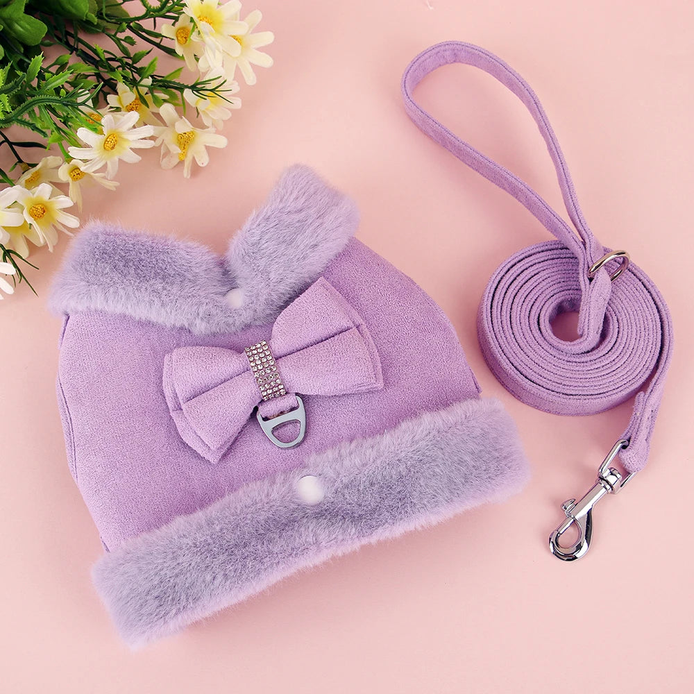 Luxury Fur-Lined Harness & Leash Set with Bowknot - Premium Winter Vest for Small Dogs & Cats
