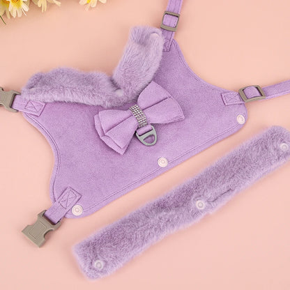Luxury Fur-Lined Harness & Leash Set with Bowknot - Premium Winter Vest for Small Dogs & Cats