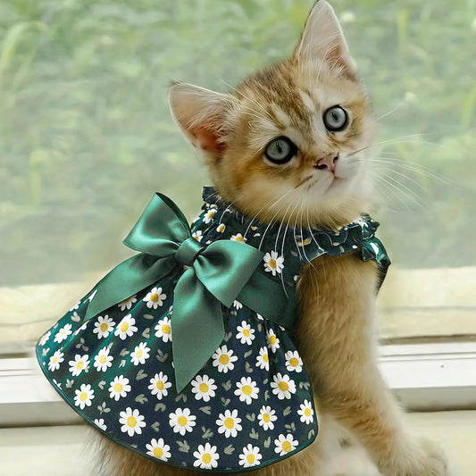 Elegant Cyan Floral Dress - Sleeveless Summer Princess Dress for Small Dogs & Cats