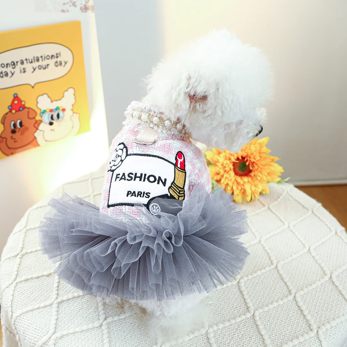 Luxury Pink Plaid Princess Dress - Pearl Tulle Skirt with Integrated Harness for Dogs & Cats