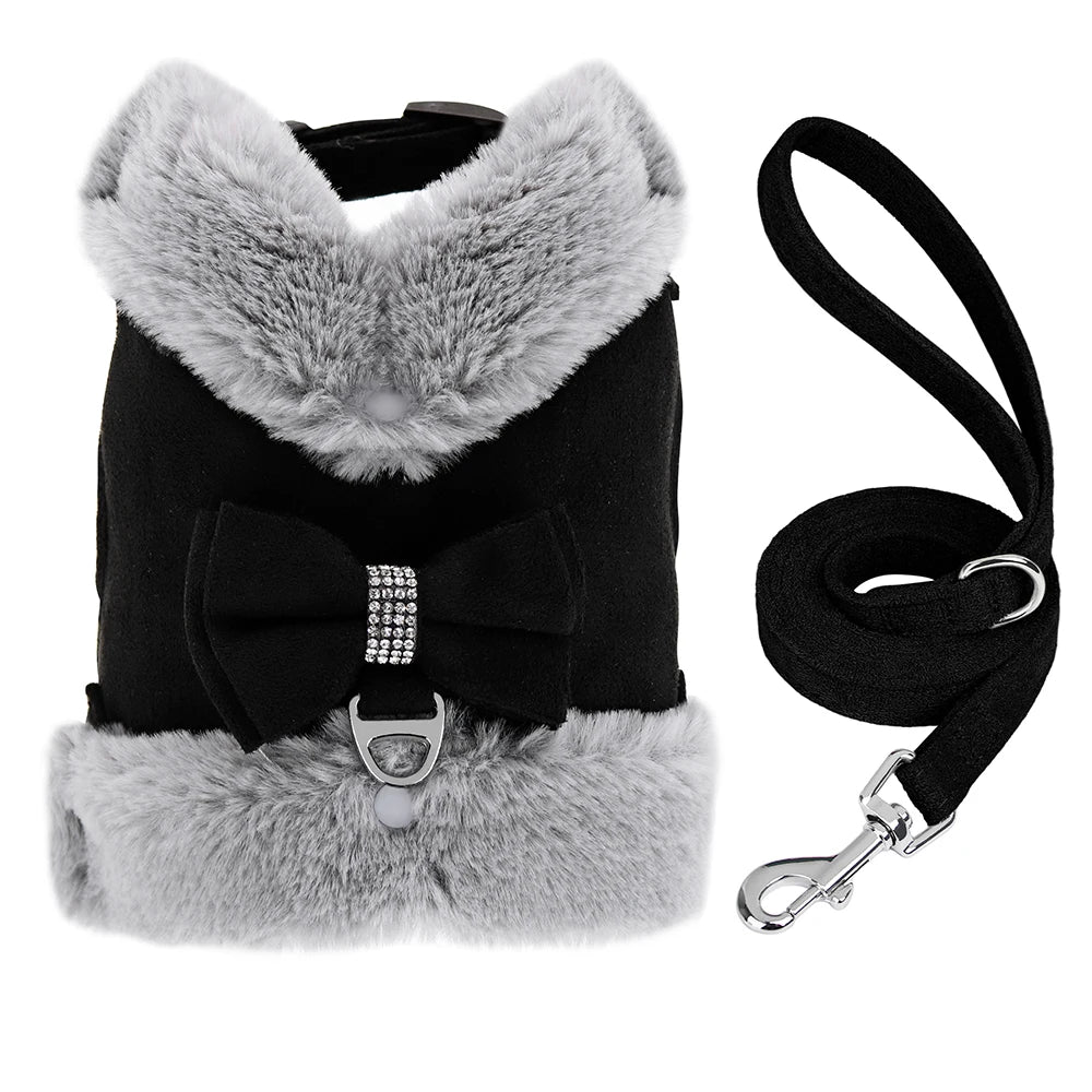 Luxury Fur-Lined Harness & Leash Set with Bowknot - Premium Winter Vest for Small Dogs & Cats