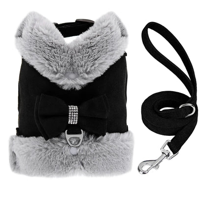 Luxury Fur-Lined Harness & Leash Set with Bowknot - Premium Winter Vest for Small Dogs & Cats