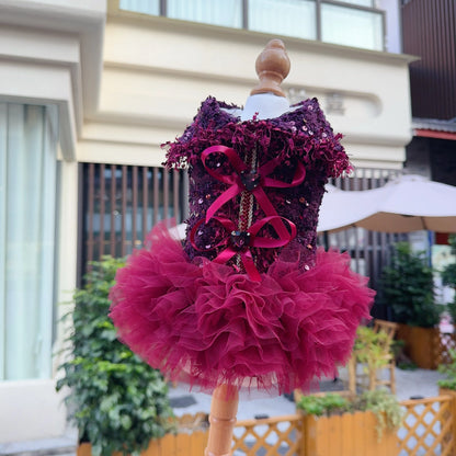 Luxury Wine Red Tutu Dress - Crystal Bow & Lace Gown for Small to Medium Dogs