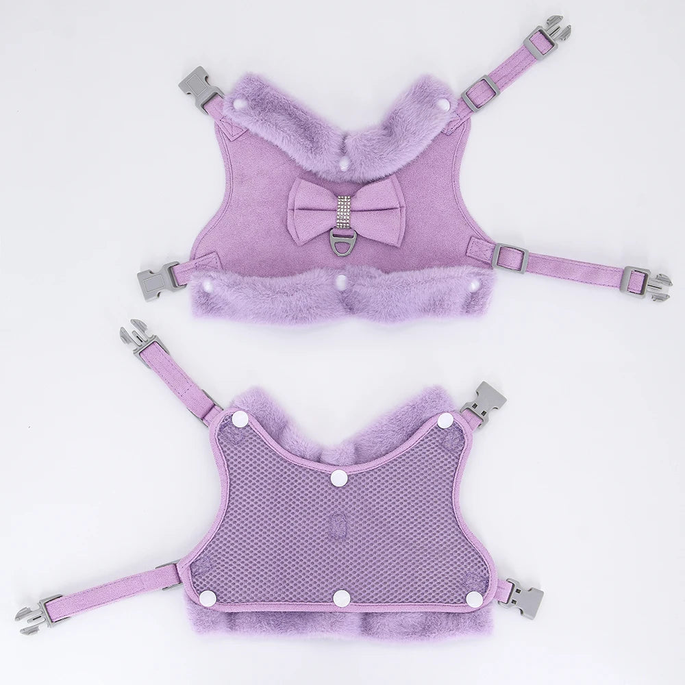 Luxury Fur-Lined Harness & Leash Set with Bowknot - Premium Winter Vest for Small Dogs & Cats