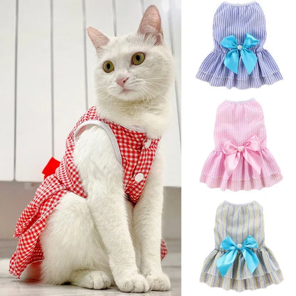 Luxury Princess Bow Dress - Striped & Plaid Summer Dress for Cats & Small Dogs
