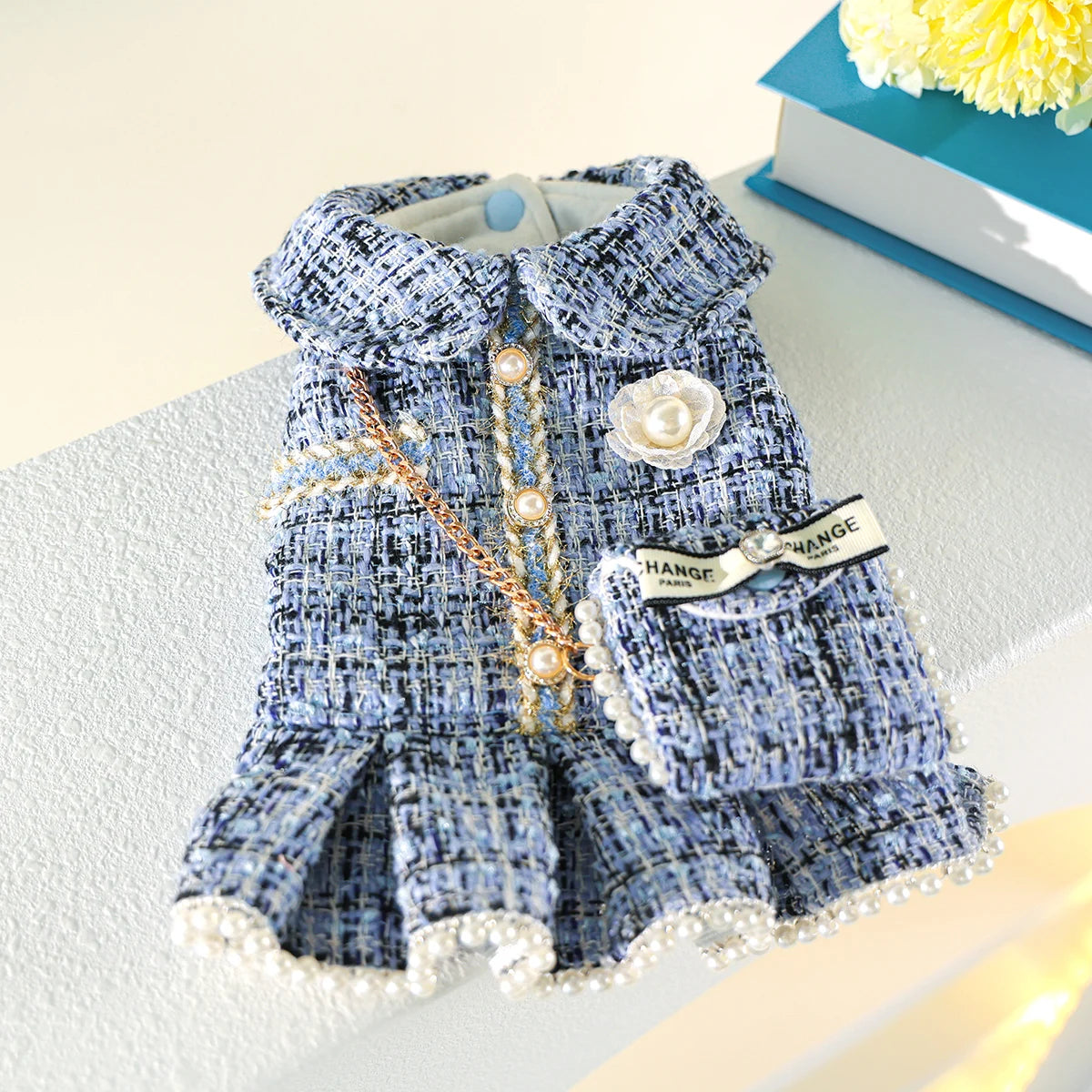 Adorable Blue Dress with Mini Backpack - Warm Winter Outfit for Small Dogs & Cats