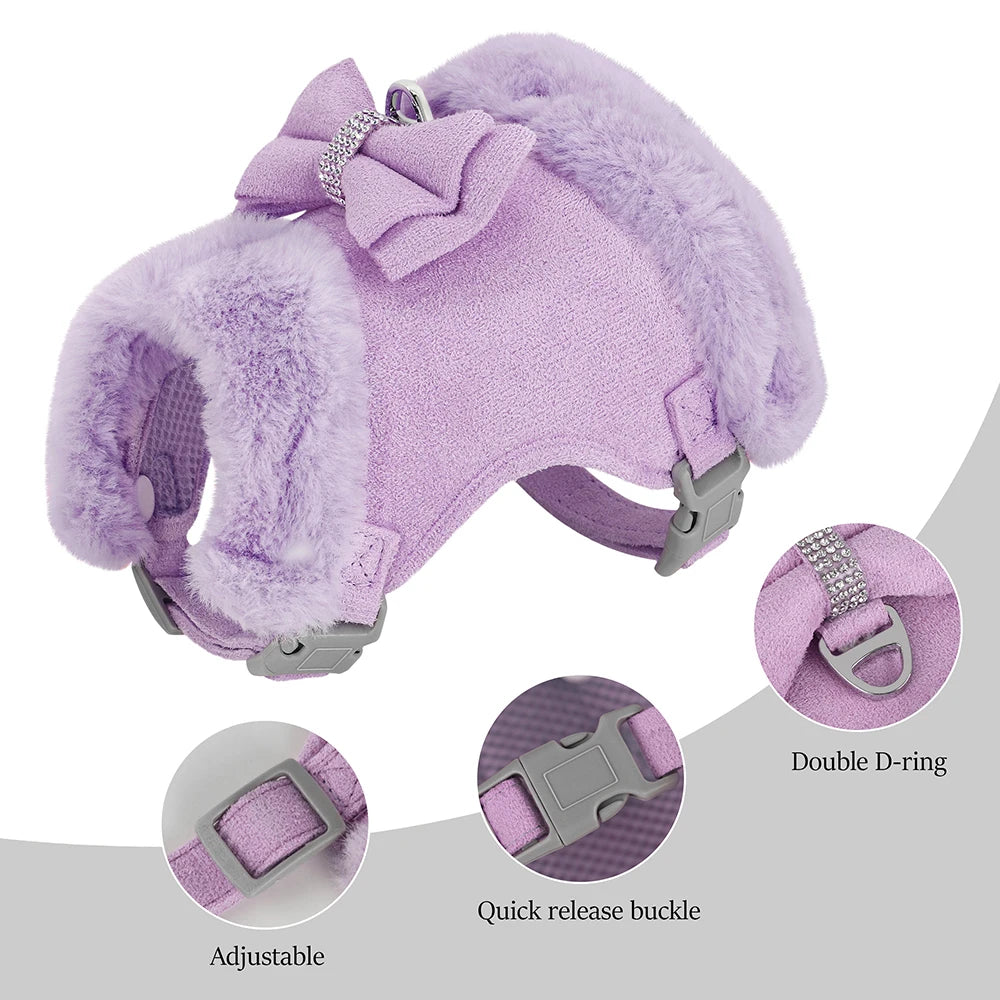 Luxury Fur-Lined Harness & Leash Set with Bowknot - Premium Winter Vest for Small Dogs & Cats
