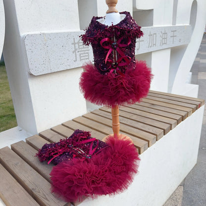 Luxury Wine Red Tutu Dress - Crystal Bow & Lace Gown for Small to Medium Dogs