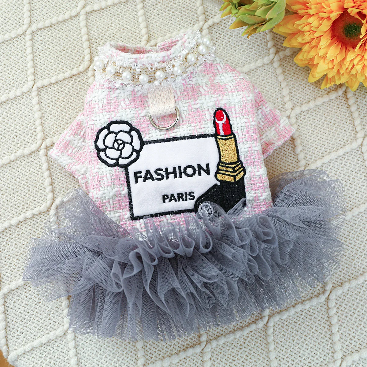 Luxury Pink Plaid Princess Dress - Pearl Tulle Skirt with Integrated Harness for Dogs & Cats