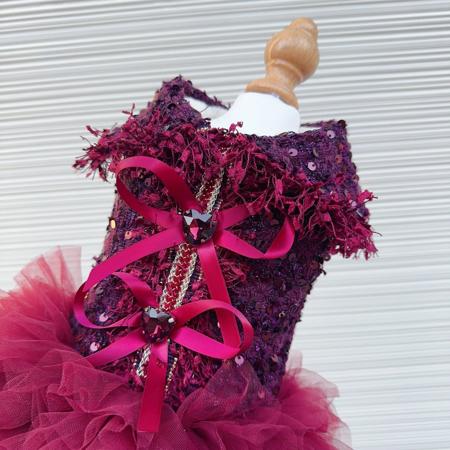 Luxury Wine Red Tutu Dress - Crystal Bow & Lace Gown for Small to Medium Dogs