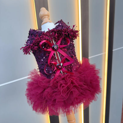 Luxury Wine Red Tutu Dress - Crystal Bow & Lace Gown for Small to Medium Dogs