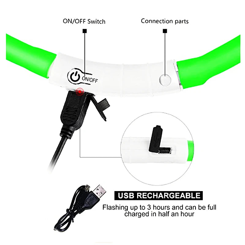 LED Safety Collar - USB Rechargeable Glowing Dog Collar for Night Visibility