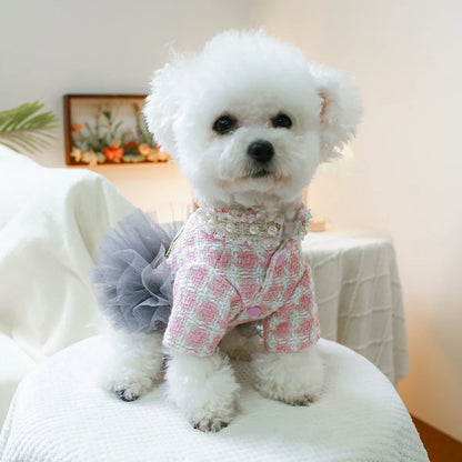 Luxury Pink Plaid Princess Dress - Pearl Tulle Skirt with Integrated Harness for Dogs & Cats
