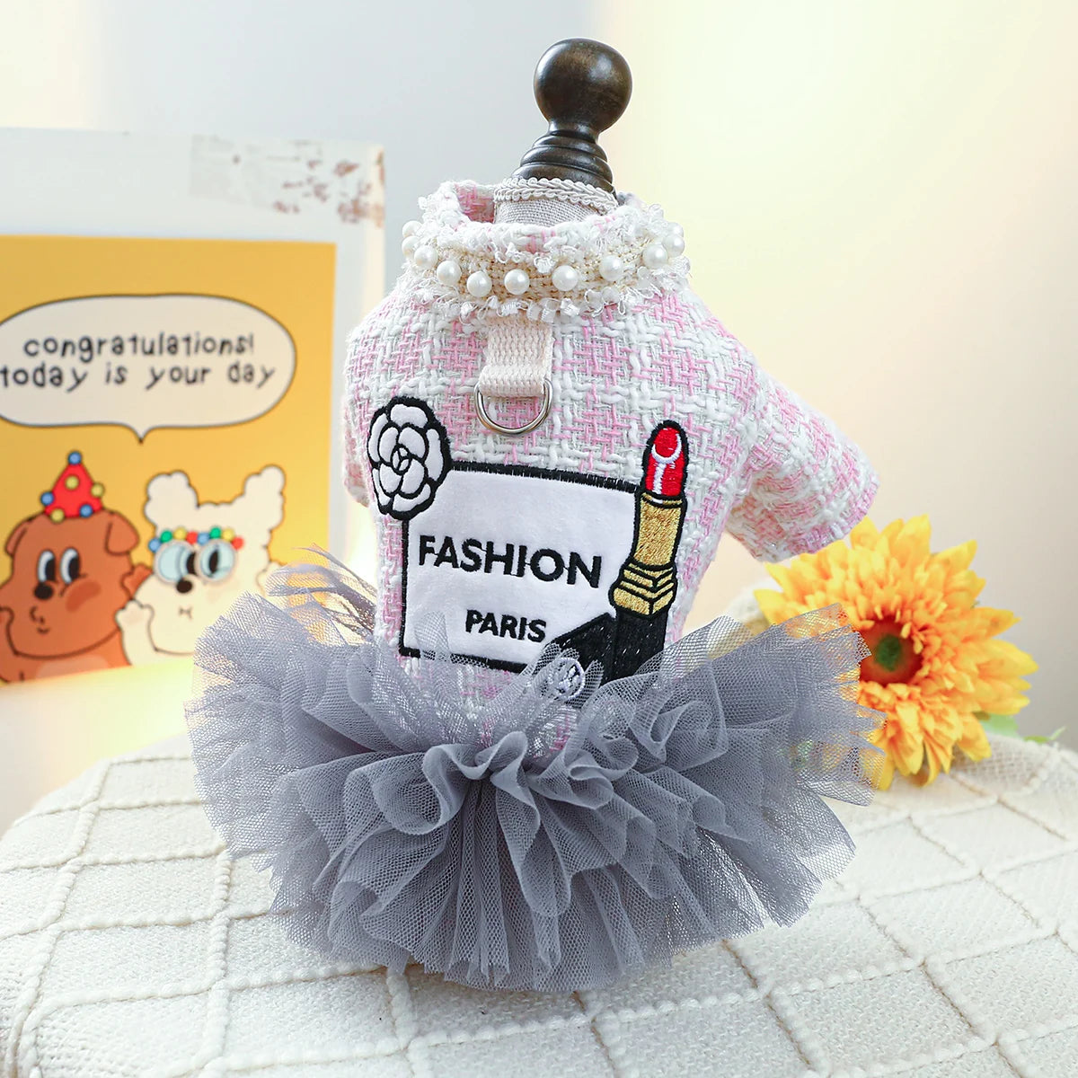 Luxury Pink Plaid Princess Dress - Pearl Tulle Skirt with Integrated Harness for Dogs & Cats