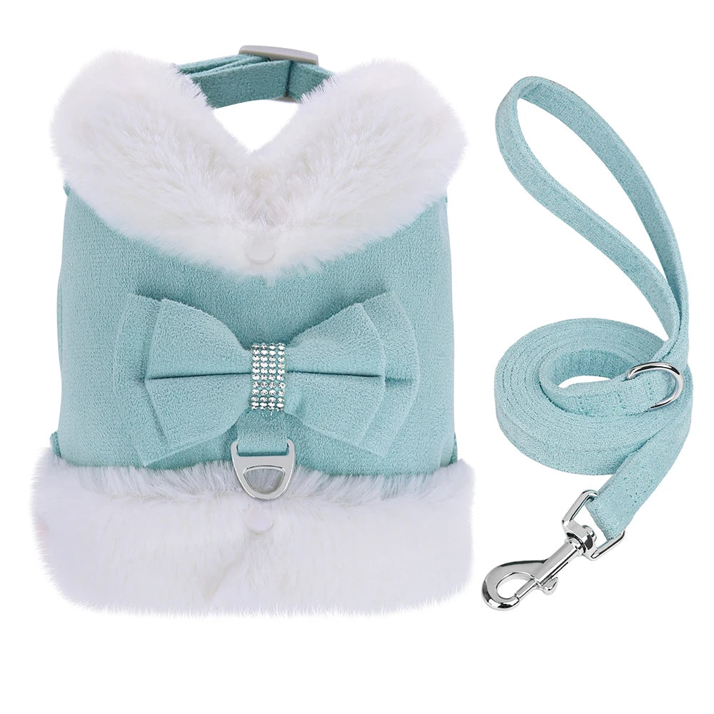 Luxury Fur-Lined Harness & Leash Set with Bowknot - Premium Winter Vest for Small Dogs & Cats