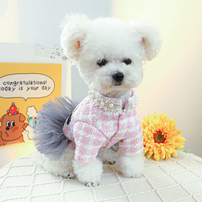 Luxury Pink Plaid Princess Dress - Pearl Tulle Skirt with Integrated Harness for Dogs & Cats