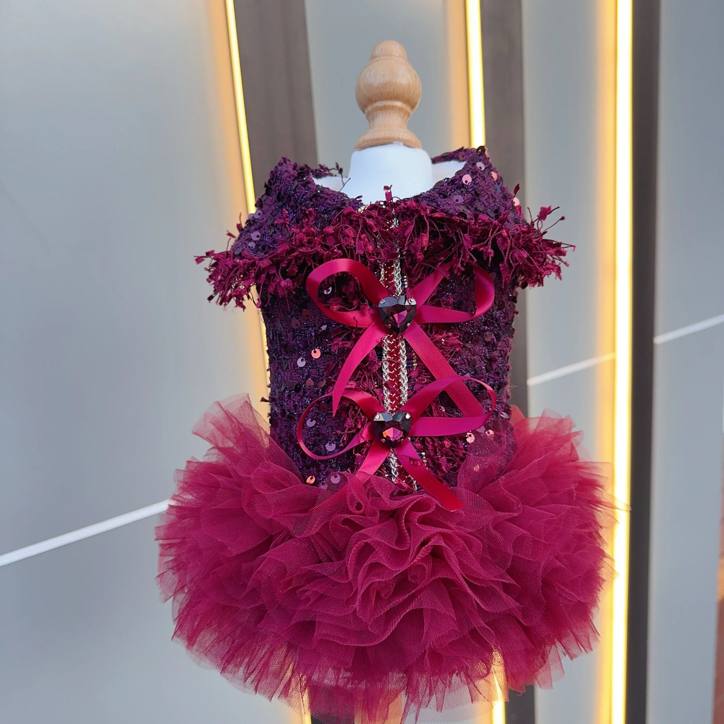 Luxury Wine Red Tutu Dress - Crystal Bow & Lace Gown for Small to Medium Dogs