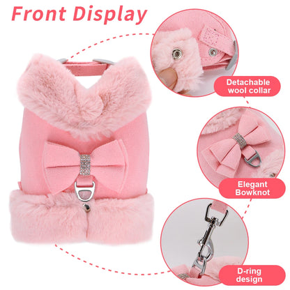 Luxury Fur-Lined Harness & Leash Set with Bowknot - Premium Winter Vest for Small Dogs & Cats