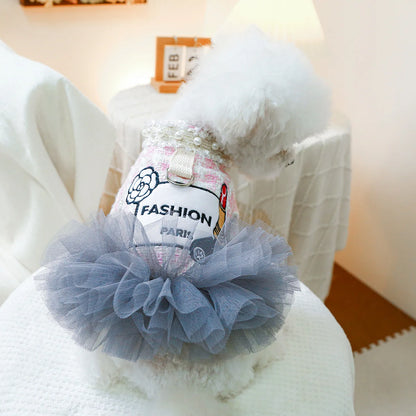 Luxury Pink Plaid Princess Dress - Pearl Tulle Skirt with Integrated Harness for Dogs & Cats
