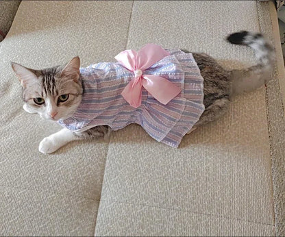 Luxury Princess Bow Dress - Striped & Plaid Summer Dress for Cats & Small Dogs