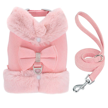 Luxury Fur-Lined Harness & Leash Set with Bowknot - Premium Winter Vest for Small Dogs & Cats