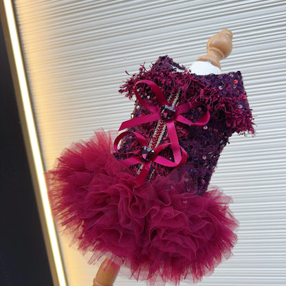 Luxury Wine Red Tutu Dress - Crystal Bow & Lace Gown for Small to Medium Dogs
