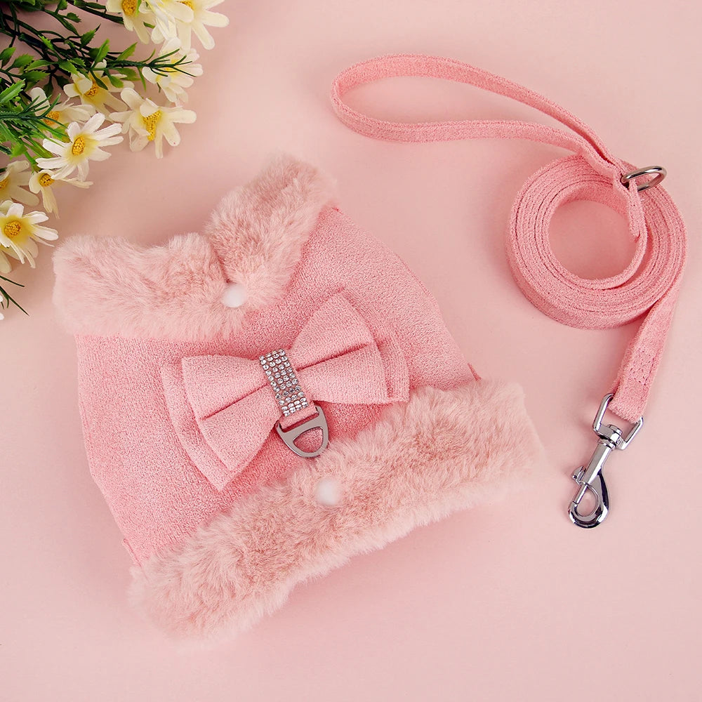 Luxury Fur-Lined Harness & Leash Set with Bowknot - Premium Winter Vest for Small Dogs & Cats
