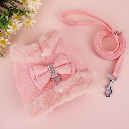 Luxury Fur-Lined Harness & Leash Set with Bowknot - Premium Winter Vest for Small Dogs & Cats