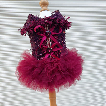 Luxury Wine Red Tutu Dress - Crystal Bow & Lace Gown for Small to Medium Dogs