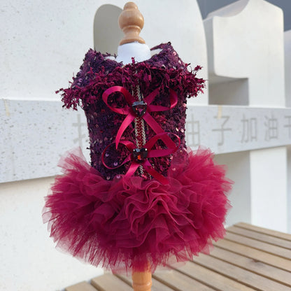 Luxury Wine Red Tutu Dress - Crystal Bow & Lace Gown for Small to Medium Dogs