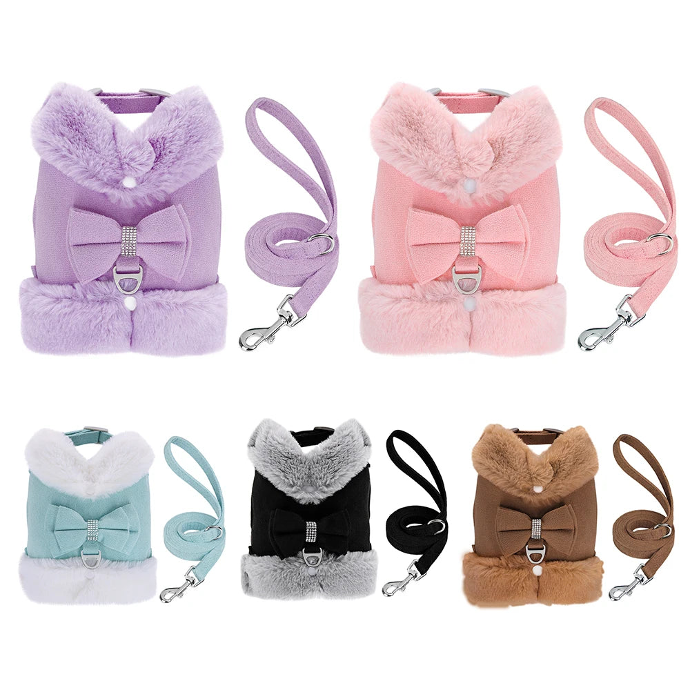Luxury Fur-Lined Harness & Leash Set with Bowknot - Premium Winter Vest for Small Dogs & Cats