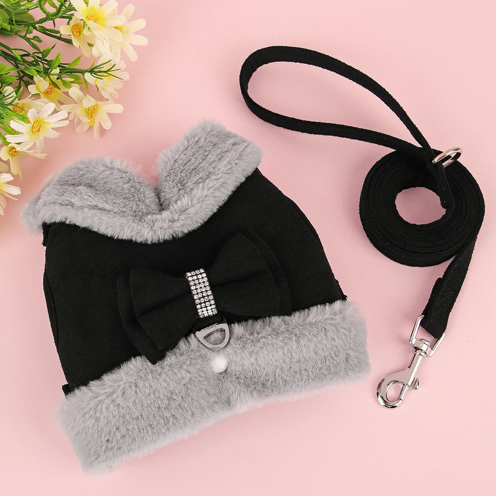 Luxury Fur-Lined Harness & Leash Set with Bowknot - Premium Winter Vest for Small Dogs & Cats