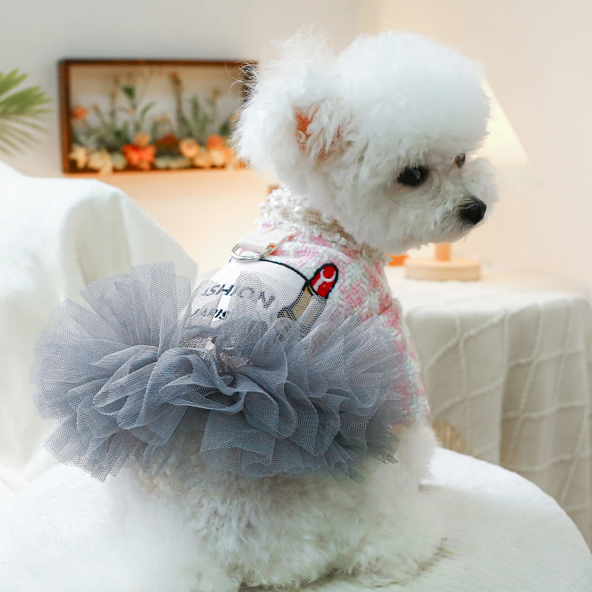 Luxury Pink Plaid Princess Dress - Pearl Tulle Skirt with Integrated Harness for Dogs & Cats