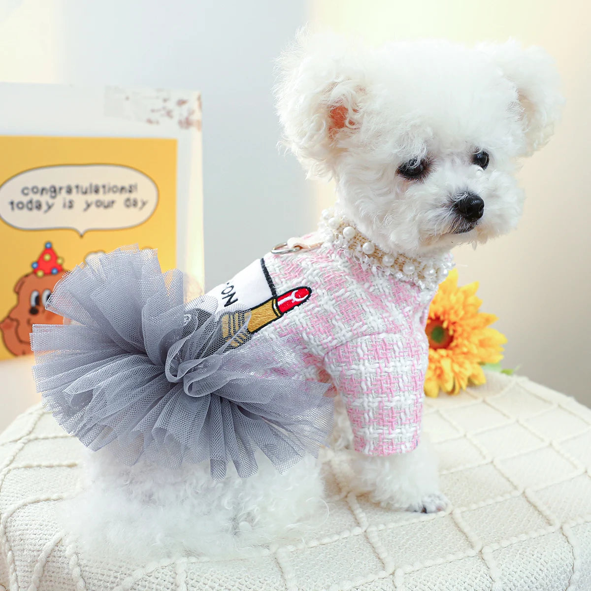 Luxury Pink Plaid Princess Dress - Pearl Tulle Skirt with Integrated Harness for Dogs & Cats