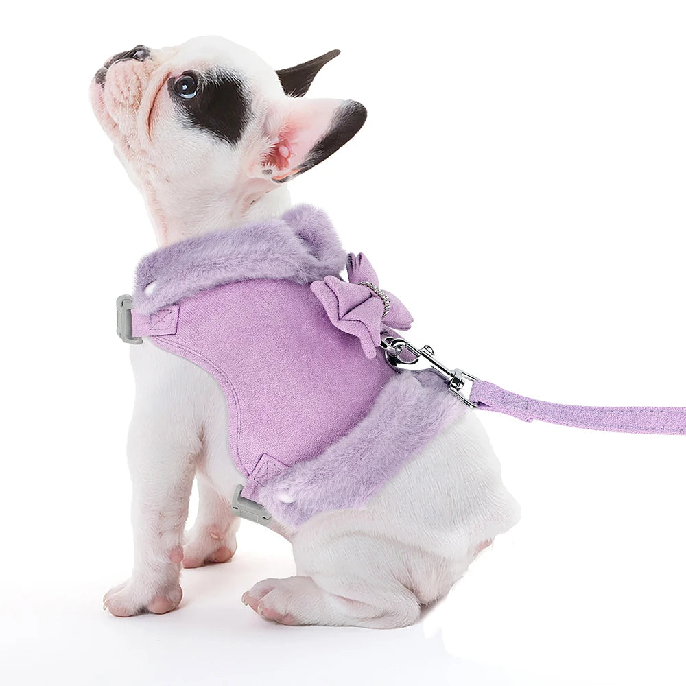 Luxury Fur-Lined Harness & Leash Set with Bowknot - Premium Winter Vest for Small Dogs & Cats